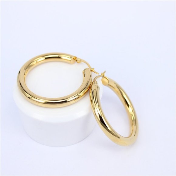 *NEW 18K Yellow Gold Round 2'' Tube Hoop Earrings - Picture 4 of 9